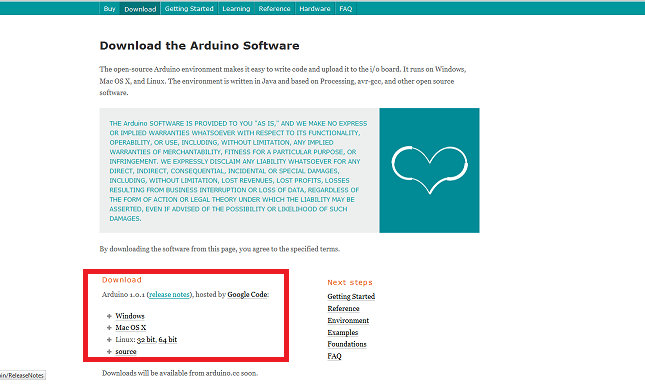 Página de download do Arduino. Em destaque os links de download. 